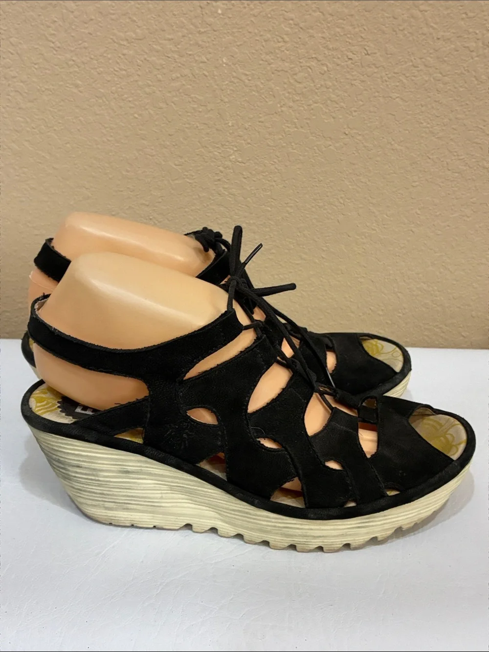 Fly London Black Lace-Up Cutout Wedge Sandals with Cream Platform